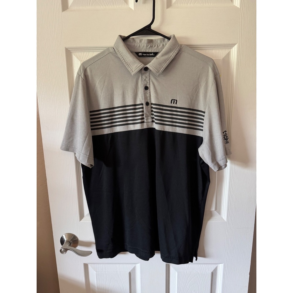 TravisMathew Polo Shirt Men Large Grey Black Striped Colorblock Pima Cotton L